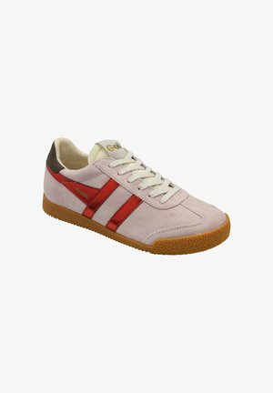 Light pink suede sneaker with red and metallic red stripes, cream laces, and a brown heel. Features textured gum sole for grip.