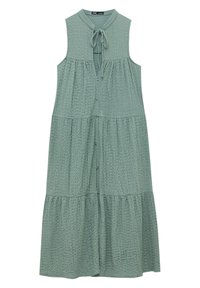 Robe midi sans manches couleur vert sauge avec un devant à boutons, jupe à volants, tissu texturé et détail à nouer au cou.