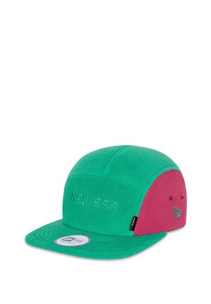 Green and pink cap featuring a flat visor, textured fabric, embroidered "NEW ERA" on the front, and branding on the side.