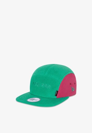 Green and pink cap featuring a flat visor, textured fabric, embroidered "NEW ERA" on the front, and branding on the side.