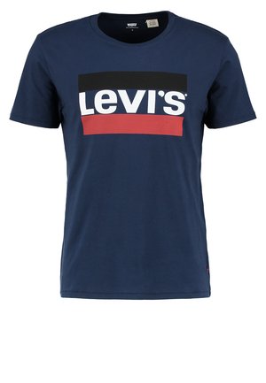 T-shirt en coton marine avec un graphisme noir et rouge affichant "Levi's" en blanc, design à col rond, manches courtes et ourlet droit.