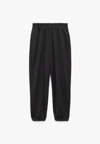 Schwarze Sporthose mit elastischem Bund, ausgestattet mit Seitentaschen und schmal zulaufenden Bündchen am Knöchel, aus einem glatten Stoff gefertigt.