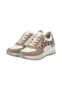 Beige and white sneakers with a textured leather upper, leopard pattern accent, fabric laces, and a gold zipper detail. Chunky sole.