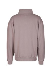 Takana näkymä yksinkertaisesta mauve-värisestä pitkähihaisesta collegepaidasta, jossa on ribbittejä hihansuita ja vyötäröä, sekä korkea kaulus.