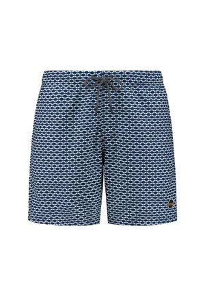 Marineblaue Badehose aus leichtem Material, mit einem geometrischen Muster in Hellblau, elastischem Bund mit Kordelzug und seitlichem Logodetail.