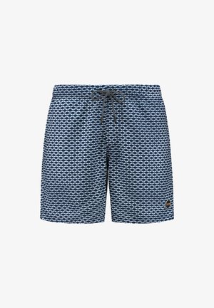 Marineblaue Badehose aus leichtem Material, mit einem geometrischen Muster in Hellblau, elastischem Bund mit Kordelzug und seitlichem Logodetail.