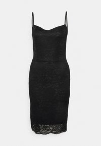 Svart spetsklänning med en åtsittande silhuett, tunna spagettiband, blommönster och en scallop-kant vid knäet.