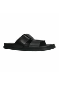 Black leather slide sandals with a wide strap design, featuring cut-out openings and a textured matte finish on a flat rubber sole.