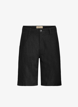 Black shorts made of a textured material, featuring a front button closure and belt loops. Hem ends above the knee with straight cut.