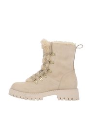 Beżowe zamszowe buty za kostkę na sznurówki z sztucznym futerkiem, metalowymi oczkami i grubą, fakturowaną gumową podeszwą. Posiadają pętelkę z tyłu.