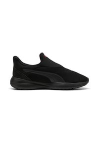 Schwarze Slip-On-Sneaker mit einem strukturierten Mesh-Obermaterial, gepolstertem Kragen und einer weichen Gummisohle. Verfügt über ein dezentes Logo und ein schlankes Design.