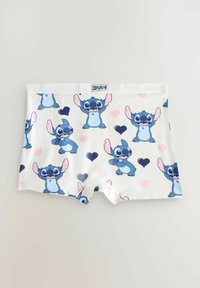Boxers pour garçons en coton doux, avec une base blanche ornée de motifs de personnages Stitch bleus, roses et noirs, et une ceinture élastique blanche.