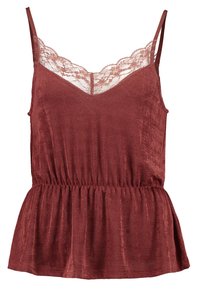 Burgundská tílko s krajkovým ozdobením podél výstřihu do V; má ramínka a nařasený, elastický pas pro peplum efekt.