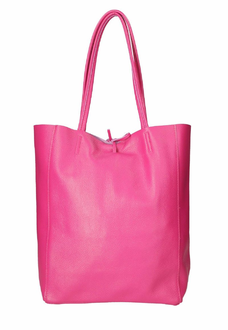 Borsa a tracolla rosa in pelle con due manici, una texture morbida e un design minimalista. Presenta una chiusura a coulisse nella parte superiore.