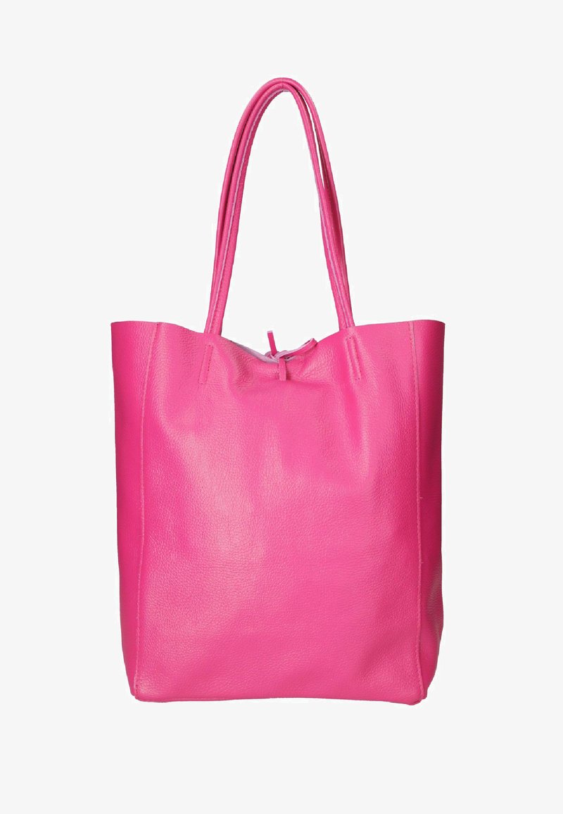 Vaaleanpunainen nahkainen olkalaukku, jossa on kaksi olkahihnaa, pehmeä rakenne ja minimalistinen muotoilu. Ylhäällä on kiristettävä sulku.