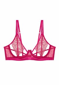 Vaaleanpunainen pitsinen bralette, jossa on läpinäkyvää verkkomateriaalia, kukkakirjontaa kuppeissa ja säädettävät olkaimet. Litteä nauha rinnojen alla.