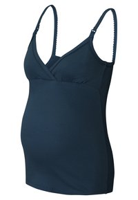 Mørkeblå amme-cami top med ribbet tekstur, justerbare stropper og et crossover-design for nem amningstilgang.