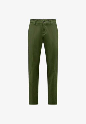Grüne Chinos aus Baumwolle mit geradem Bein, Knopfverschluss und traditioneller Fünf-Taschen-Optik. Glatte Textur.