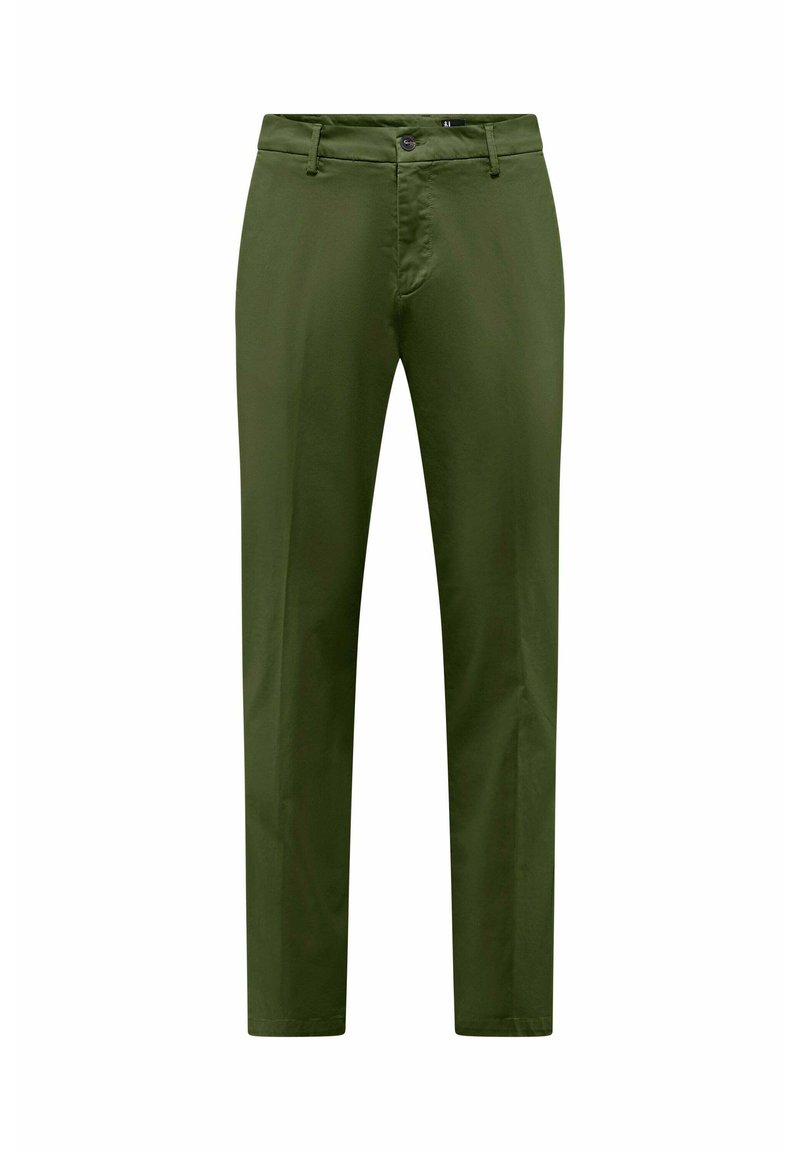 Groene chino's gemaakt van katoen, met een recht model, knoopsluiting en traditionele vijf-zakken styling. Zachte textuur.