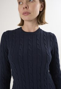Pull en maille bleu marine avec une texture côtelée et des motifs en câble ; encolure arrondie, manches longues, coupe ajustée.