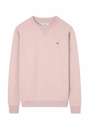 Sudadera rosa claro con cuello redondo, mangas largas y un pequeño logo negro bordado en el pecho izquierdo.