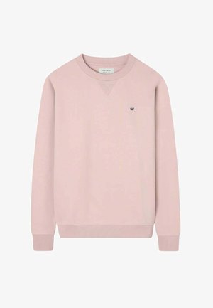 Sudadera rosa claro con cuello redondo, mangas largas y un pequeño logo negro bordado en el pecho izquierdo.