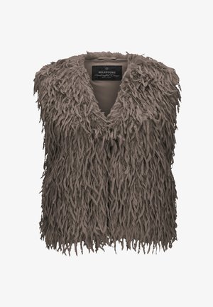 Braune, zottelige Weste mit tiefem V-Ausschnitt und strukturiertem Fransen. Sie hat ein glattes Futter und ein Lederetikett innen. Keine Verschlüsse.