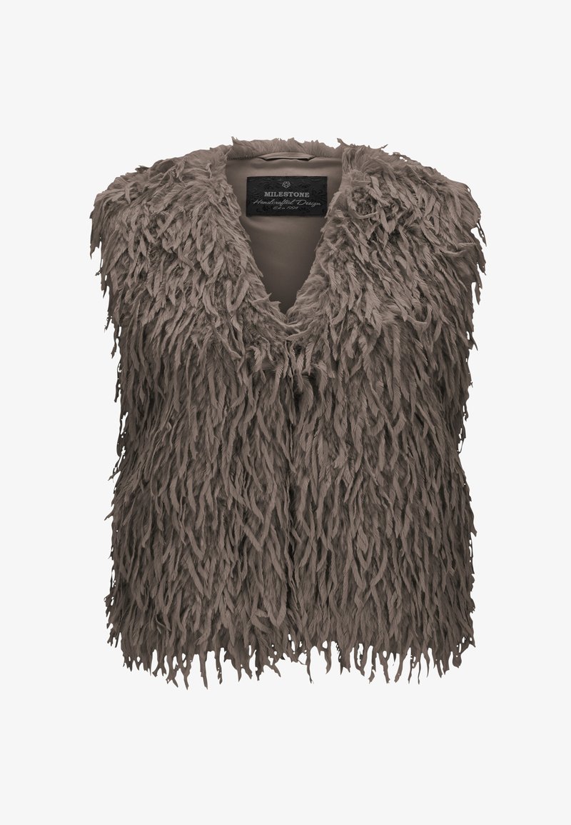Braune, zottelige Weste mit tiefem V-Ausschnitt und strukturiertem Fransen. Sie hat ein glattes Futter und ein Lederetikett innen. Keine Verschlüsse.