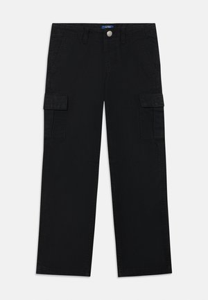 Μαύρα cargo παντελόνια από βαμβάκι με πλάγιες τσέπες, ίσια μπατζάκια και κουμπί στη μέση. Λείος υφασμάτινος σχεδιασμός.