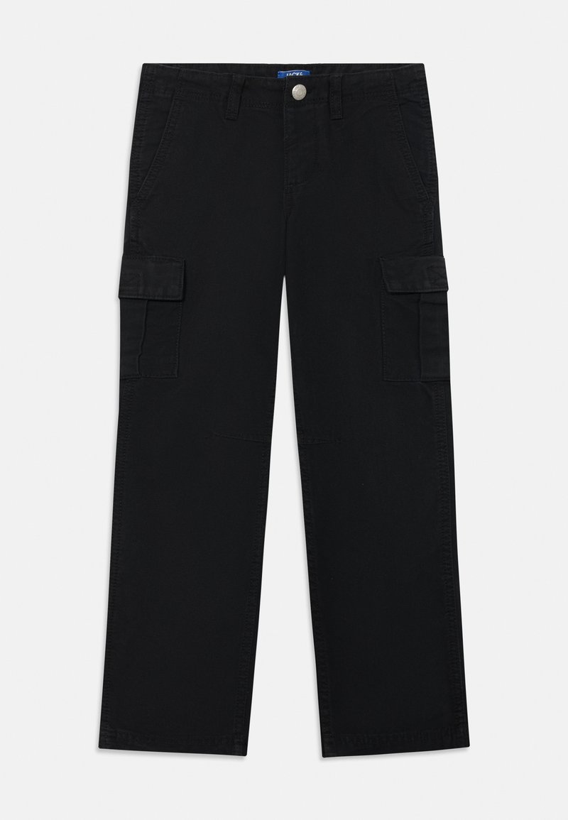 Melni cargo bikses, kas izgatavotas no kokvilnas, ar sānu kabatām, taisnām kājām un pogu aizdari jostasvietā. Gluda tekstūra un vienkāršs dizains.
