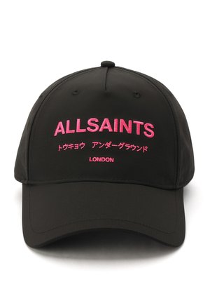 Musta baseball-lippis, jossa edessä vaaleanpunaisin kirjainimin teksti "ALLSAINTS", japanilaisia merkkejä ja sana "LONDON".
