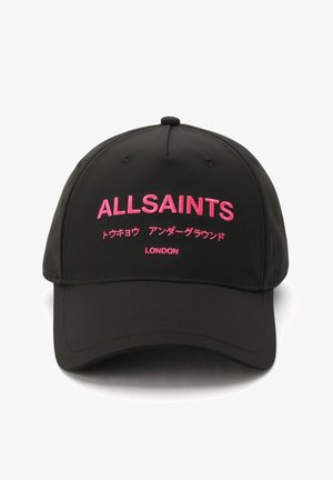 Casquette de baseball noire avec texte brodé rose indiquant "ALLSAINTS", des caractères japonais, et "LONDON" sur le panneau avant.
