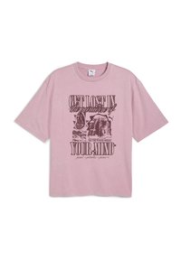 T-shirt in cotone oversize rosa con scollatura rotonda. Presenta una stampa grafica con testo e illustrazioni sul davanti.