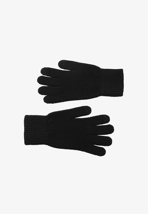 Guantes de lana negros con textura acanalada, que cuentan con cinco dedos y un puño, diseñados para proporcionar calidez y comodidad en climas fríos.