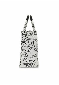 Torba tote w kwiatowy wzór wykonana z szarego materiału z czarnymi abstrakcyjnymi wzorami. Posiada krótkie czarne uchwyty, prostokątny kształt i zapięcie na zatrzask.