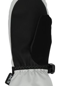 Svarta och grå vantar gjorda av vattentåligt material. Elastiskt handledsområde med ett band för justering. Slät textur med en kontrasterande design.