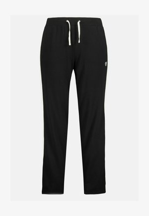 Schwarze Sporthosen mit weißen Seitenstreifen, elastischem Bund, verstellbarem Kordelzug und Logodetail am Oberschenkel. Glattes Baumwollmischgewebe.