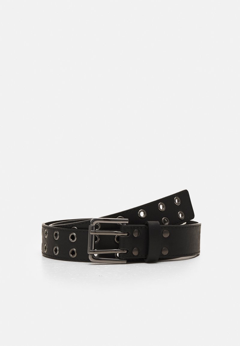 Black leather belt featuring metal grommets and a silver-tone buckle. The design includes a textured finish and multiple adjustment holes.