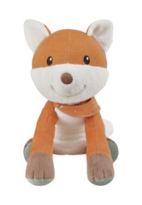 Plush fox toy with an orange and white body, brown snout, and a patterned scarf. Features rounded ears and soft, textured materials.