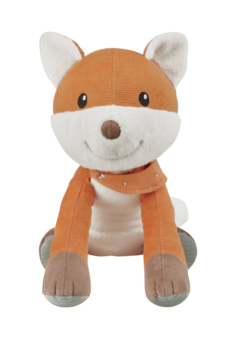 Plush fox toy with an orange and white body, brown snout, and a patterned scarf. Features rounded ears and soft, textured materials.