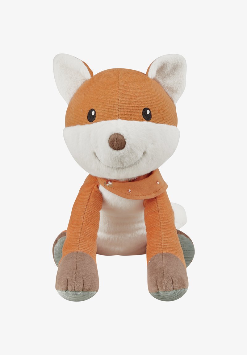 Plush fox toy with an orange and white body, brown snout, and a patterned scarf. Features rounded ears and soft, textured materials.