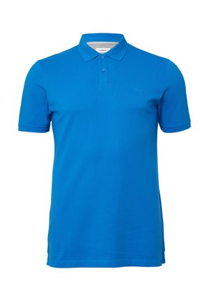 Blauwe polo met een klassieke kraag, korte mouwen, een twee-knopen sluiting en een textuurstof. Heeft een klein logo op de borst.