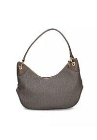 Borsa a spalla marrone con una zip curva superiore, accessori in oro e un motivo a logo "ROMAIN" ripetuto in rilievo sul tessuto.