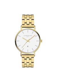 Goldfarbene Metalluhr mit rundem weißem Zifferblatt, minimalistischem Design, goldenen Stunden- und Minutenzeigern sowie einer Datumsanzeige unten.