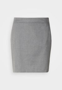 Grå blyantkjole med en glatt stofftekstur, tett passform og en ren linning, med et klassisk design som passer for formelle anledninger.