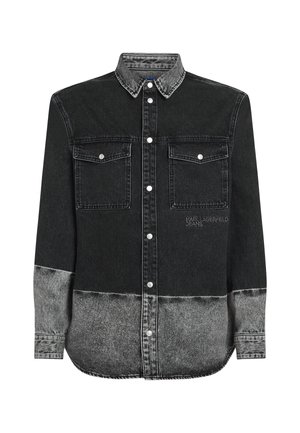 Black denim shirt with a gray ombre effect, button front, two chest pockets, and a classic collar. Features silver-tone hardware and contrast stitching.
