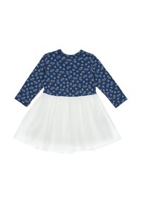 Sukienka z długim rękawem z granatowym topem w kwiatowy wzór oraz białą tiulową spódnicą. Okrągły dekolt, miękki materiał i marszczona talia.