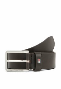Brown leather belt with a silver metal buckle. Features a branded accent and smooth texture with a slightly tapered end.