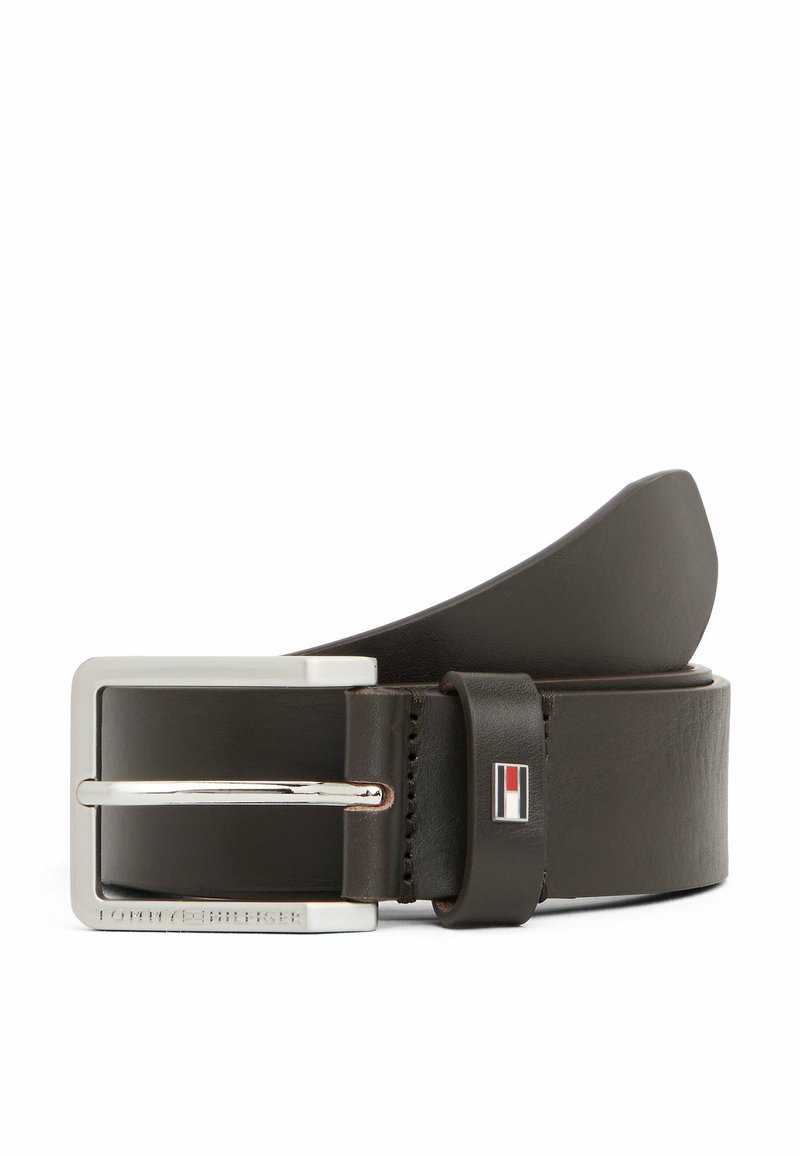 Brown leather belt with a silver metal buckle. Features a branded accent and smooth texture with a slightly tapered end.