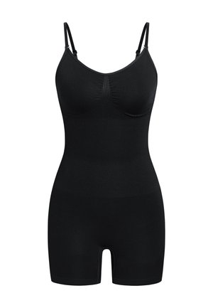 Zwart bodysuit met verstelbare spaghetti bandjes, gladde stof en een aansluitend ontwerp dat tot halverwege de dij reikt, met een ronde halslijn.